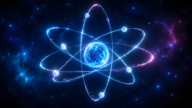 Quantum physics atomic structure vector background with glowing blue nucleus and orbiting electron particles. Futuristic neon energy model illustrates nuclear science concept. Ideal slide background.