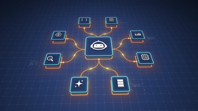 AI Agent Learning Core Connecting Intelligence and Data Processing Modules Motion Graphics