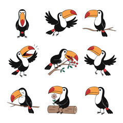 Naklejka premium Cartoon Toucan Character Poses Vector – Set of 9 Tropical Bird Clipart Expressions