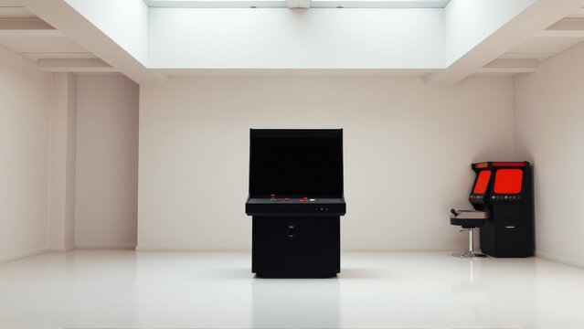 Minimalist room features arcade machines. Bright lighting highlights stark white walls, floor. Empty space creates dramatic effect.