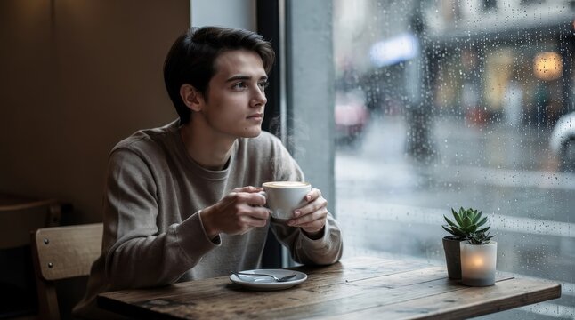 Thoughtful Young Man Sipping Coffee in Cozy Cafe on Rainy Day, Soft Natural Light Streaming Through Window, Small Succulent on Wooden Table, Muted Urban Backdrop, Capturing Quiet Reflection and