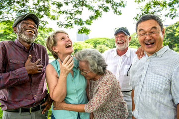 Joyful seniors enjoying nature together