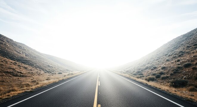 A conceptual image showing a winding, empty road dissolving into a bright, white void, representing undetermined travel plans or future directions ,concept ,navigation ,journey