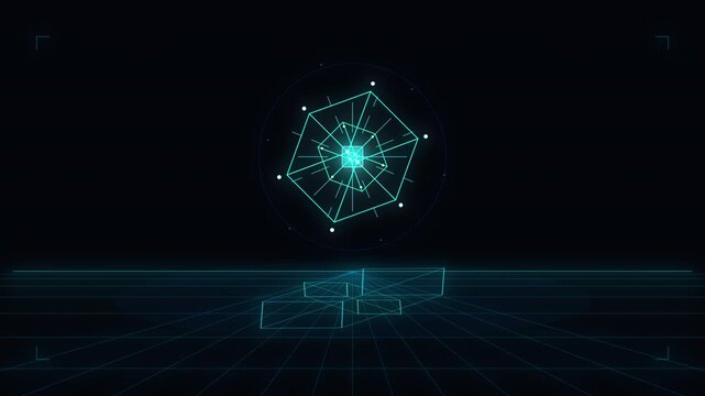 Looping 3d animation neon tesseract cube abstract form, digital wireframe structure