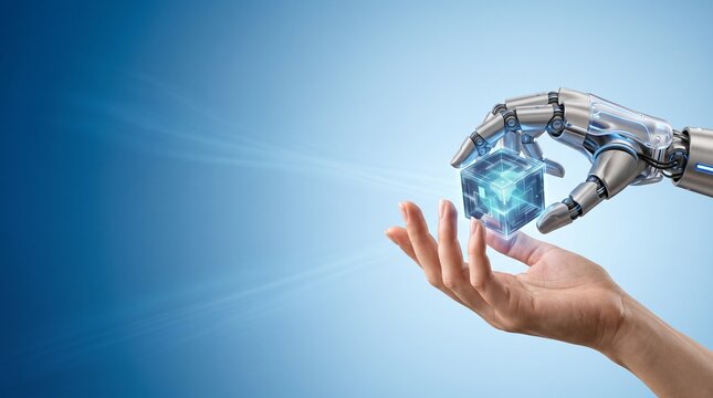 Robotic hand passing glowing digital cube to human hand representing artificial intelligence technology integration and human robot collaboration