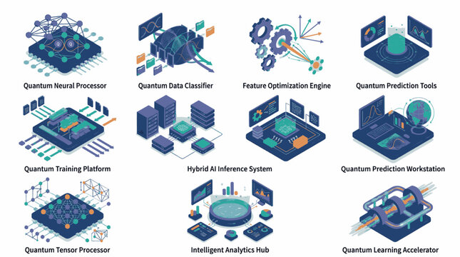 Collection of isometric illustrations depicting quantum computing and artificial intelligence concepts and technologies.