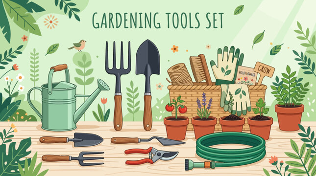 Flat Lay Gardening Tools and Equipment Set Vector Illustration