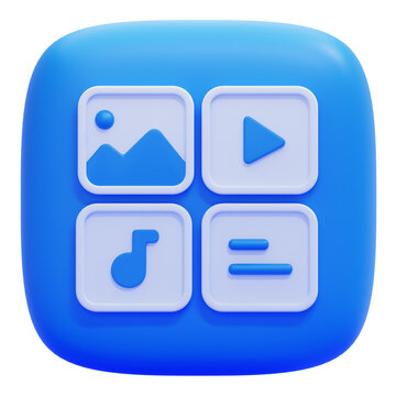 3D Multimedia Interface App Icon Featuring Graphical Representations of Image Video Audio and Document File Management System Functions