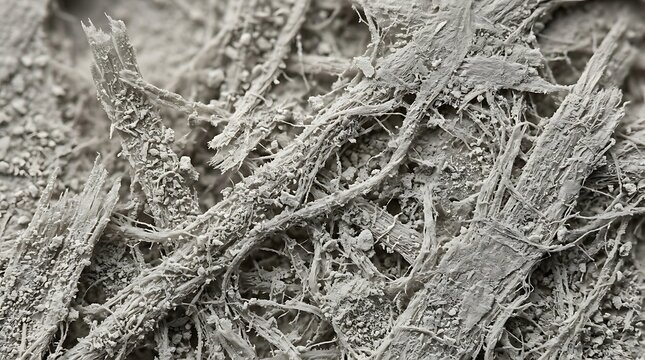Microscopic view of raw wood fibers reveals complex tangled structure of pulp paper.