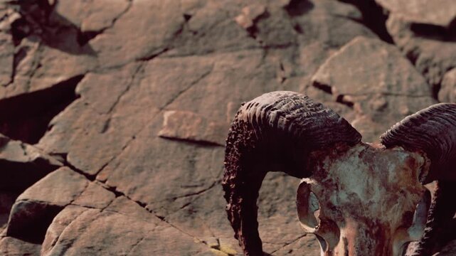 A ram skull is resting on dry rocks in a barren area. The sun is shining brightly, highlighting the details on the skull. Dust and dirt surround the bones.