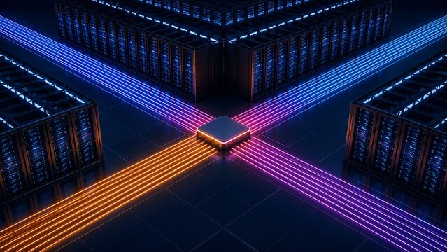 Central processing unit inside a modern data center intercepting multiple glowing digital information streams demonstrating core network integration and advanced database synchronization