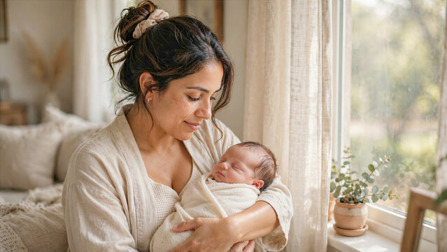 Hispanic mother holding sleeping newborn baby near window in soft daylight