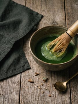 Traditional Japanese Matcha Tea Preparation with Bamboo Whisk Chasen in Ceramic Bowl on Rustic Weathered Wooden Table with Linen Napkin, Authentic Zen Tea Ceremony Concept, High Angle Food Photography