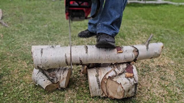 Cutting wood with a chainsaw in a backyard setup during daylight hours