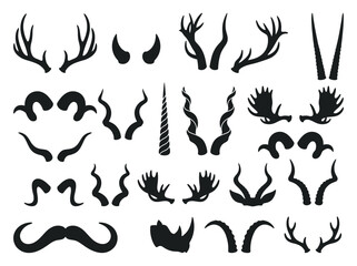 Obraz premium Animal Horns and Antlers Silhouette Set: Deer, Moose, Ram, and Unicorn