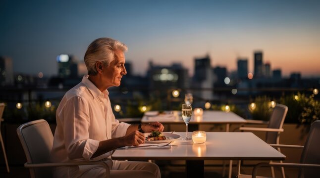 Elegant Senior Man Dining Alone on Rooftop Terrace at Sunset, Soft Ambient Lighting, City Skyline in Background, Warm Candlelight on Table, Capturing Solitude and Reflection