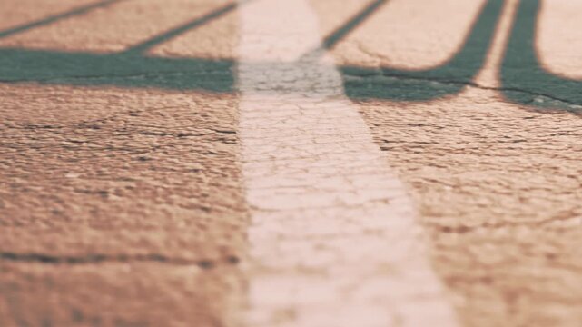 The scene shows a parking space marked by white lines on the ground. Shadows stretch across the cracked pavement as the sun sets. The colors create a warm atmosphere.