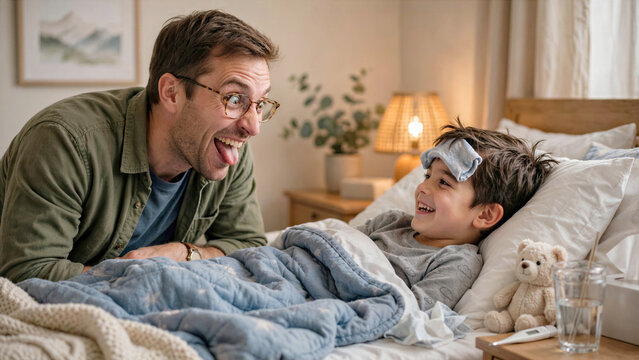Caring father making funny faces to cheer up his sick child resting in bed
