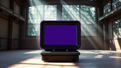 Fototapeta premium Vintage computer sits center stage. Dramatic lighting highlights device, large windows provide backdrop. Industrial space creates mood.