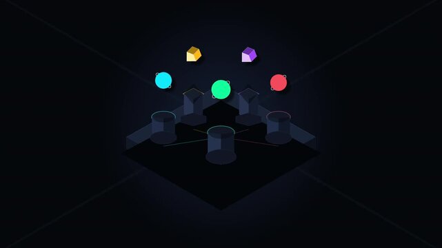 Looping 3d animation colorful balls and cubes ejecting from tubes, abstract geometric shapes, dark background