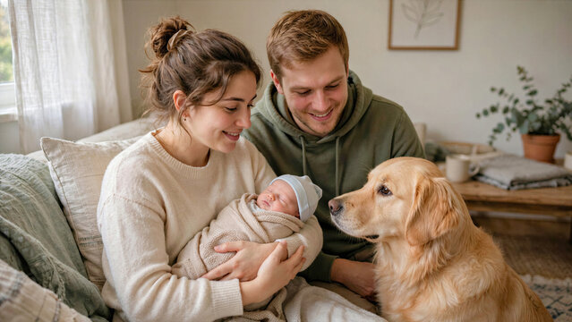 Young couple watching their pet dog interact gently with newborn baby on floor