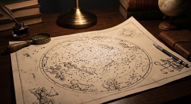 Vintage star chart with glowing floating constellations on a wooden desk