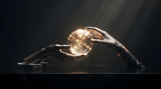 Two metallic hands holding a glowing glass sphere in a dark conceptual studio setting