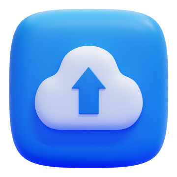 3D Cloud Upload Icon with Blue Arrow on Rounded Square Button for Data Storage and Cloud Computing Concept