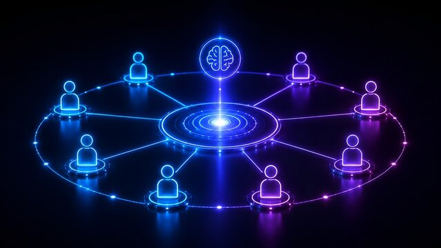 Centralized neural network intelligence connecting a glowing brain hub to multiple digital user profiles representing cognitive team management and global communication.
