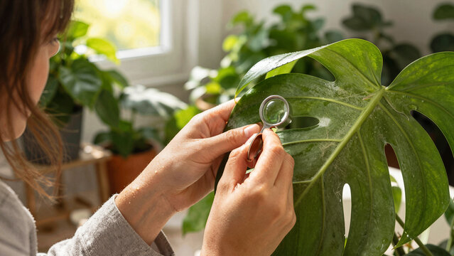 A person inspects a green leaf closely with a magnifying glass. Natural light fills the room that has various plants in pots. The activity shows curiosity and care for plants
