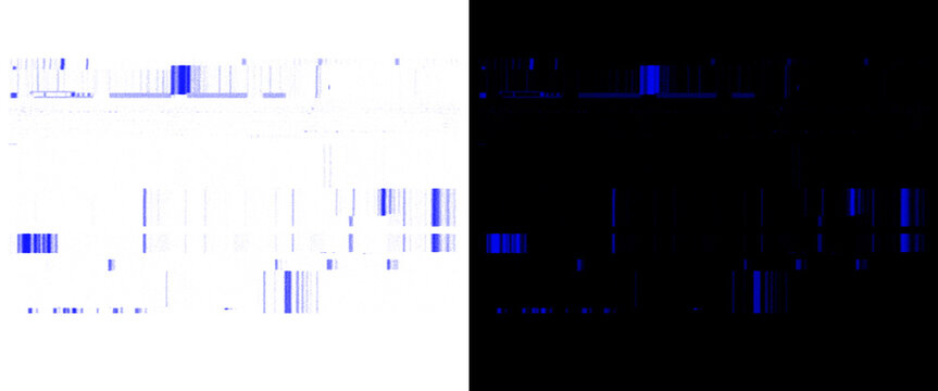 Abstract digital glitch texture, blue data compression artifacts on white and black background, high-tech cyber pattern