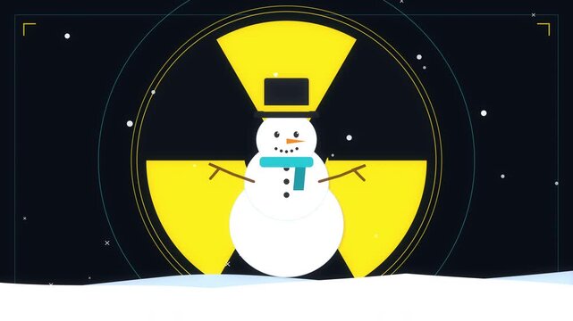 Pixel art snowman in front of radiation symbol, peaceful atom concept loop