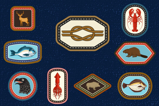 Marine Scout Achievement Badge Collection with Vintage Embroidery Patches, Fish, Shellfish and Nautical Emblems for Fishing and Outdoor Adventure