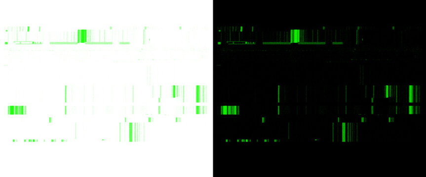 Green digital glitch texture on black and white backgrounds, abstract technology data distortion overlay, sci-fi matrix screen effect