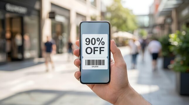 Person holding smartphone with 90 percent off coupon.