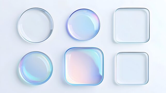 3D liquid glass frames with soft refraction effect, white background round square buttons. Realistic glass frame for phone app design, modern glassmorphism UI elements on white background