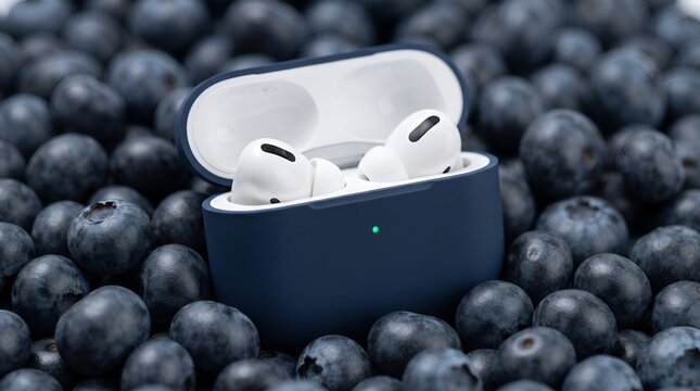 White wireless earphones in a blue charging case surrounded by fresh blueberries.