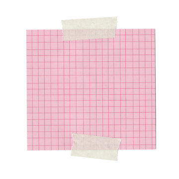 Square pink grid paper note attached with two pieces of translucent adhesive tape isolated on a transparent background