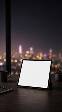 Minimalist workstation with tablet and futuristic city bokeh