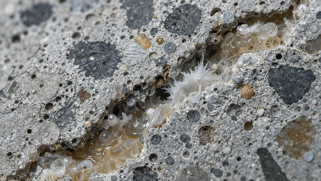 Concrete shows small bubbles and crevices filled with tiny organisms. This scene occurs at a construction site where concrete is hardening