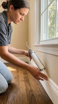 A Diligent Artisan Applying Precision Caulk to Window Trim for Home Insulation and Aesthetic Refinement in a Brightly Lit Residential Interior Space