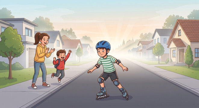 Young boy inline skating on neighborhood street with family cheering background vector illustration