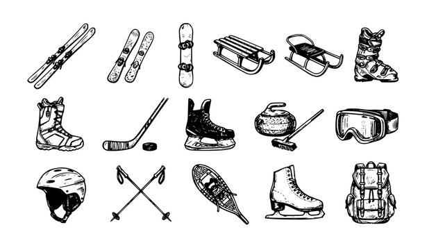 Winter sports equipment hand drawn charcoal sketch vector collection with skis and snowboard