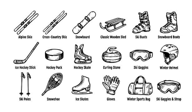 Vintage hand drawn winter sports gear skis snowboard sled hockey curling vector set