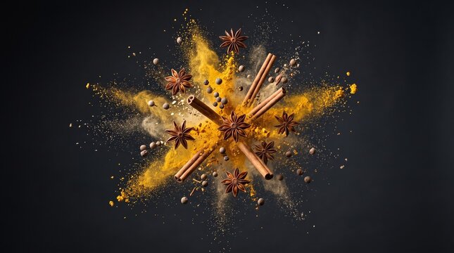 Cinnamon sticks and star anise spices exploding on a black background