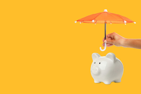 Insurance. Hand holds colorful umbrella over piggy bank to symbolize financial protection