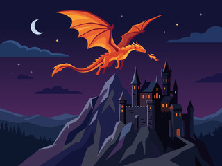 Obraz premium striking cartoon illustration majestic dragon flying dark castle mountain whimsical storytelling majestic enchanting