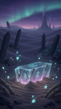 Mystical glowing runic stone in a surreal alien landscape.