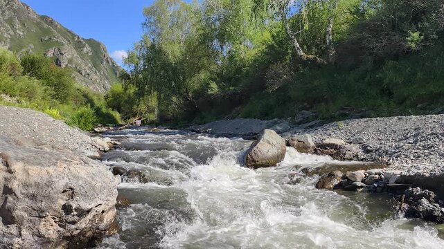 Slow motion video of rapids and riffles on the mountain Edigan River in Altai.