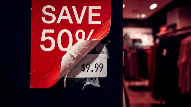 Red sale tag showing fifty percent discount peeling in a clothing store.